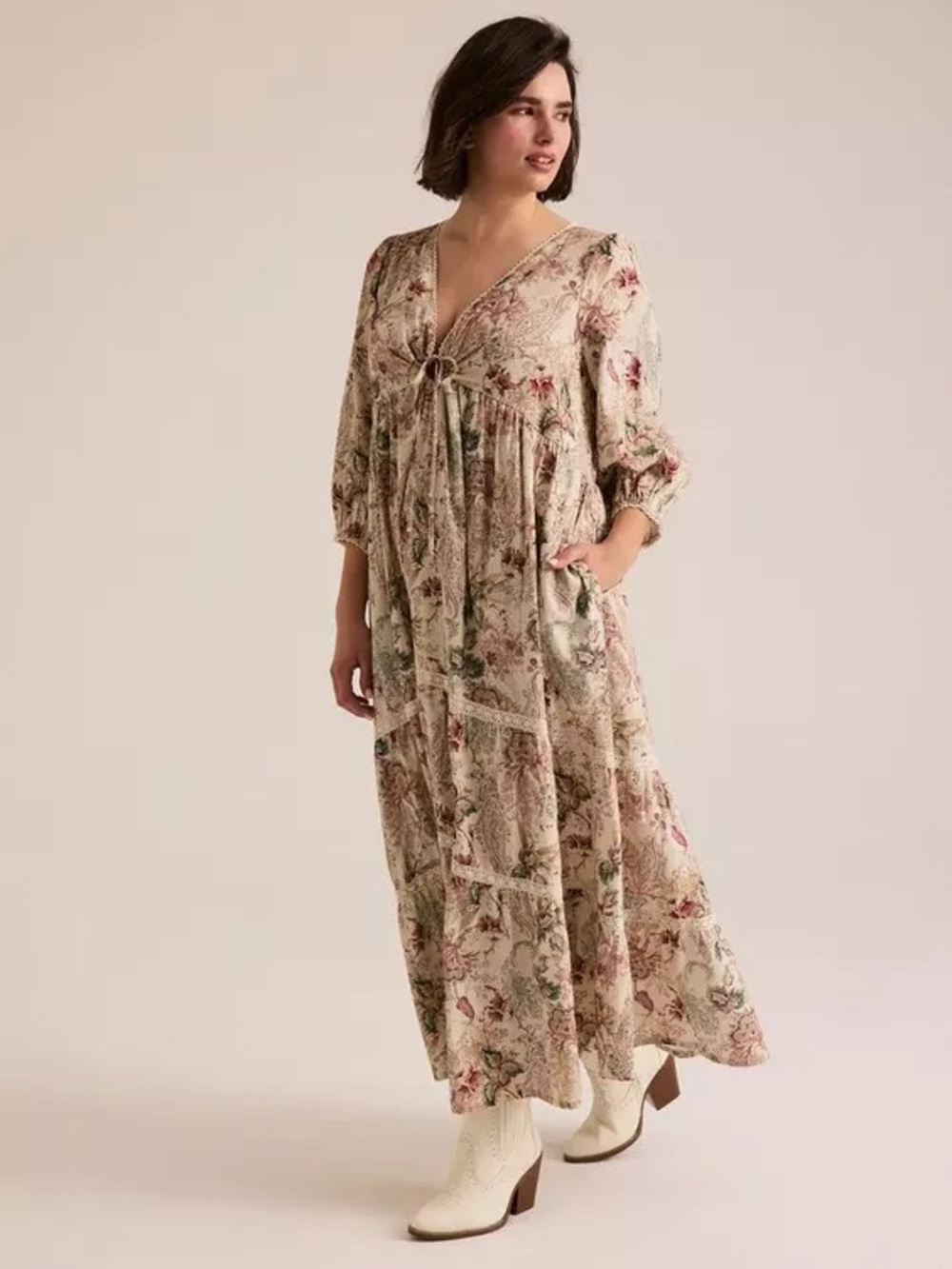 Floral Tie-Front Maxi Dress size 1 roomy fit  in Cream and Blush